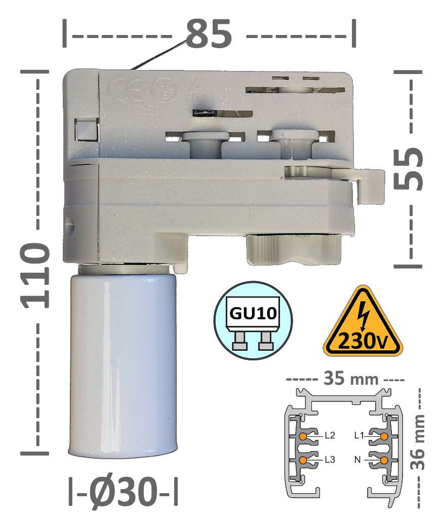 4w GU10 Track Light Fixture/Foglalat 230V White